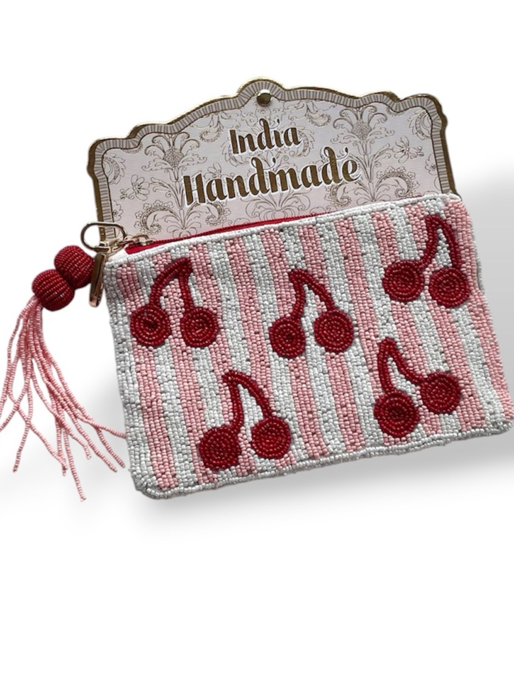 Cherry Beaded Travel Pouch Cosmetic Bag Handmade in India